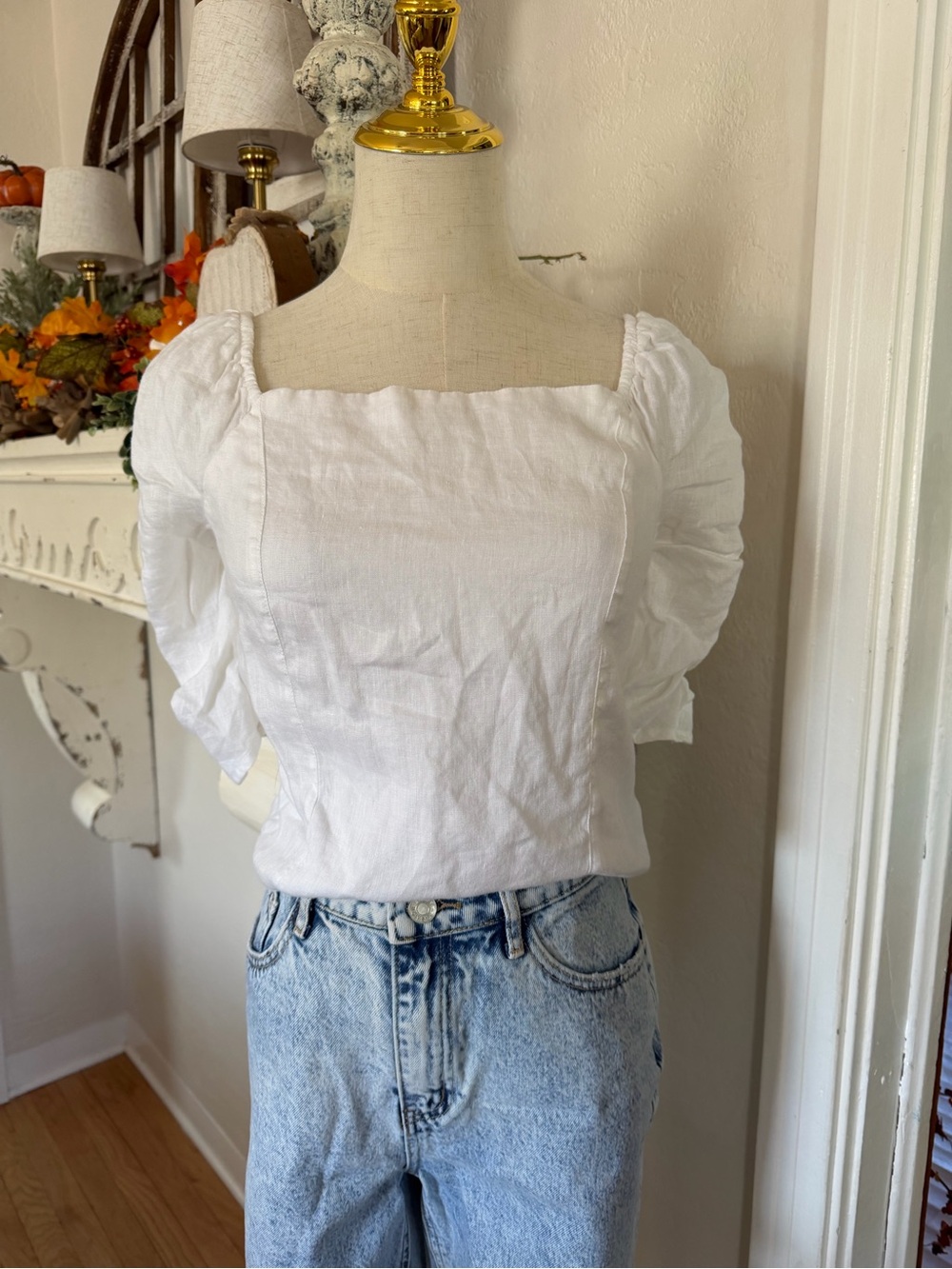 Rachel Zoe White Square-Neck Puff Sleeve Linen Top